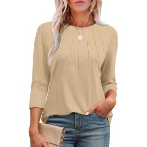 XIEERDUO 3/4 Length Sleeve Womens Tops Round Neck Casual Tunic Tops Basic Pleated Shirts Loose Fit 2025(New-apricot)