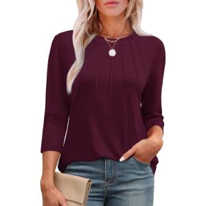 XIEERDUO 3/4 Length Sleeve Womens Tops Round Neck Casual Tunic Tops Basic Pleated Shirts Loose Fit 2025(New-burgundy)