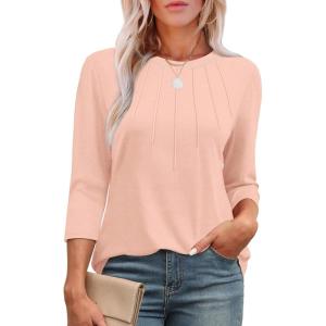 XIEERDUO 3/4 Length Sleeve Womens Tops Round Neck Casual Tunic Tops Basic Pleated Shirts Loose Fit 2025(New-light Pink)