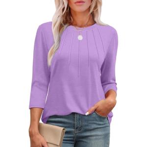 XIEERDUO 3/4 Length Sleeve Womens Tops Round Neck Casual Tunic Tops Basic Pleated Shirts Loose Fit 2025(New-purple)