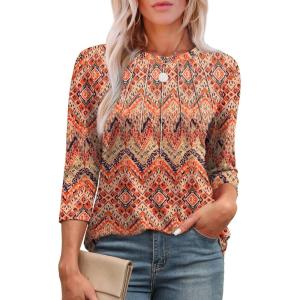XIEERDUO 3/4 Length Sleeve Womens Tops Round Neck Casual Tunic Tops Basic Pleated Shirts Loose Fit 2025(Patterned-boho Floral)