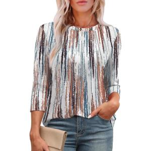 XIEERDUO 3/4 Length Sleeve Womens Tops Round Neck Casual Tunic Tops Basic Pleated Shirts Loose Fit 2025(Patterned-brown Printed)
