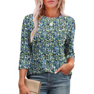 XIEERDUO 3/4 Length Sleeve Womens Tops Round Neck Casual Tunic Tops Basic Pleated Shirts Loose Fit 2025(Patterned-floral Blue)