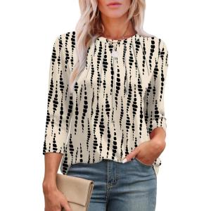 XIEERDUO 3/4 Length Sleeve Womens Tops Round Neck Casual Tunic Tops Basic Pleated Shirts Loose Fit 2025(Patterned-khaki Printed)