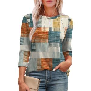 XIEERDUO 3/4 Length Sleeve Womens Tops Round Neck Casual Tunic Tops Basic Pleated Shirts Loose Fit 2025(Patterned-orange and Blue Plaid)
