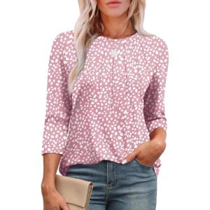 XIEERDUO 3/4 Length Sleeve Womens Tops Round Neck Casual Tunic Tops Basic Pleated Shirts Loose Fit 2025(Patterned-pink Dot)