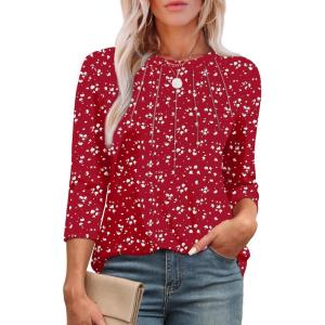 XIEERDUO 3/4 Length Sleeve Womens Tops Round Neck Casual Tunic Tops Basic Pleated Shirts Loose Fit 2025(Patterned-red Print)