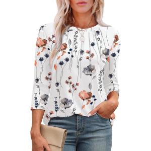 XIEERDUO 3/4 Length Sleeve Womens Tops Round Neck Casual Tunic Tops Basic Pleated Shirts Loose Fit 2025(Patterned-white Floral)