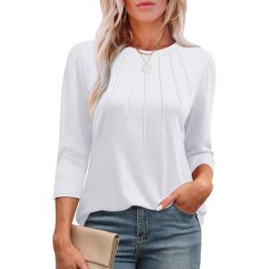 XIEERDUO 3/4 Length Sleeve Womens Tops Round Neck Casual Tunic Tops Basic Pleated Shirts Loose Fit 2025(White)