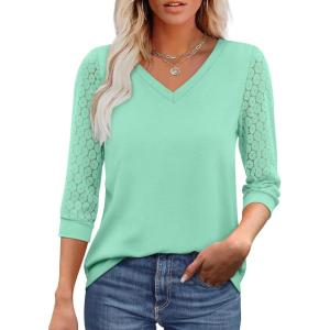 XIEERDUO 3/4 Length Sleeve Womens Tops V-Neck Lace Tunic Tops Business Casual Blouses 2025(Aqua)