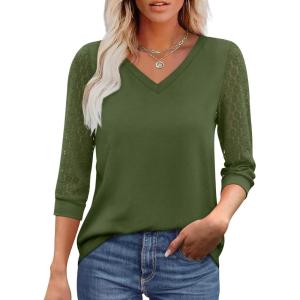 XIEERDUO 3/4 Length Sleeve Womens Tops V-Neck Lace Tunic Tops Business Casual Blouses 2025(Army Green)
