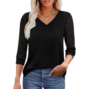 XIEERDUO 3/4 Length Sleeve Womens Tops V-Neck Lace Tunic Tops Business Casual Blouses 2025(Black)