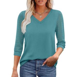 XIEERDUO 3/4 Length Sleeve Womens Tops V-Neck Lace Tunic Tops Business Casual Blouses 2025(Blue Green)