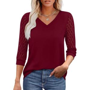 XIEERDUO 3/4 Length Sleeve Womens Tops V-Neck Lace Tunic Tops Business Casual Blouses 2025(Burgundy)