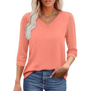 XIEERDUO 3/4 Length Sleeve Womens Tops V-Neck Lace Tunic Tops Business Casual Blouses 2025(Coral)