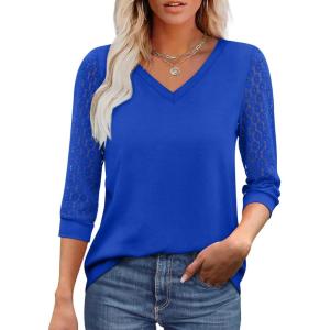XIEERDUO 3/4 Length Sleeve Womens Tops V-Neck Lace Tunic Tops Business Casual Blouses 2025(Dark Blue)