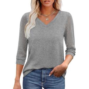 XIEERDUO 3/4 Length Sleeve Womens Tops V-Neck Lace Tunic Tops Business Casual Blouses 2025(Grey)