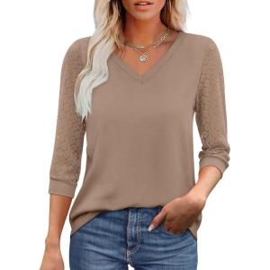 XIEERDUO 3/4 Length Sleeve Womens Tops V-Neck Lace Tunic Tops Business Casual Blouses 2025(Khaki)