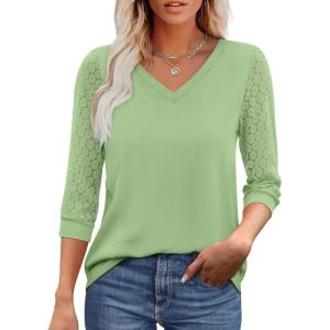 XIEERDUO 3/4 Length Sleeve Womens Tops V-Neck Lace Tunic Tops Business Casual Blouses 2025(Light Green)