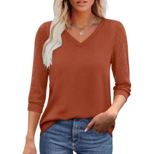 XIEERDUO 3/4 Length Sleeve Womens Tops V-Neck Lace Tunic Tops Business Casual Blouses 2025(Maple)