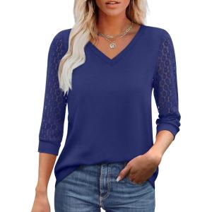 XIEERDUO 3/4 Length Sleeve Womens Tops V-Neck Lace Tunic Tops Business Casual Blouses 2025(Navy Blue)