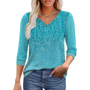 XIEERDUO 3/4 Length Sleeve Womens Tops V-Neck Lace Tunic Tops Business Casual Blouses 2025(Patterned-blue Ombre)