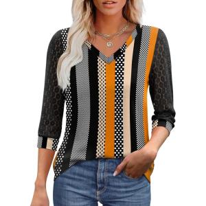 XIEERDUO 3/4 Length Sleeve Womens Tops V-Neck Lace Tunic Tops Business Casual Blouses 2025(Patterned-khaki Stripe)