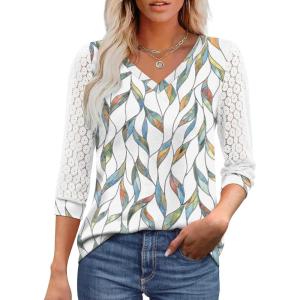 XIEERDUO 3/4 Length Sleeve Womens Tops V-Neck Lace Tunic Tops Business Casual Blouses 2025(Patterned-white Print)