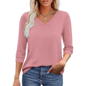 XIEERDUO 3/4 Length Sleeve Womens Tops V-Neck Lace Tunic Tops Business Casual Blouses 2025(Pink)