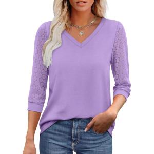 XIEERDUO 3/4 Length Sleeve Womens Tops V-Neck Lace Tunic Tops Business Casual Blouses 2025(Purple)