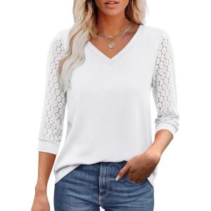 XIEERDUO 3/4 Length Sleeve Womens Tops V-Neck Lace Tunic Tops Business Casual Blouses 2025(White)