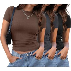 XIEERDUO Basic Tops for Women Short Sleeve Baby Tees 2/3 Pack Crew Neck T Shirts Slim Fit Tees(3 Pack Black/Grey/Brown)