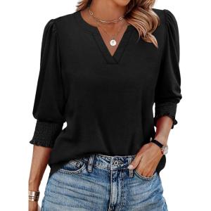 XIEERDUO Blouses for Women Dressy Casual 3/4 Length Sleeve Womens Tops V Neck T Shirts with Smocked Cuffs(A-black)
