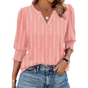 XIEERDUO Blouses for Women Dressy Casual 3/4 Length Sleeve Womens Tops V Neck T Shirts with Smocked Cuffs(E-pink Stripes)
