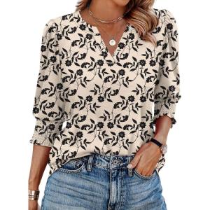 XIEERDUO Blouses for Women Dressy Casual 3/4 Length Sleeve Womens Tops V Neck T Shirts with Smocked Cuffs(F-black Floral)