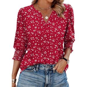XIEERDUO Blouses for Women Dressy Casual 3/4 Length Sleeve Womens Tops V Neck T Shirts with Smocked Cuffs(G-red Dots)