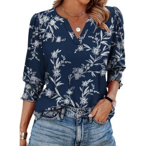 XIEERDUO Blouses for Women Dressy Casual 3/4 Length Sleeve Womens Tops V Neck T Shirts with Smocked Cuffs(H-dark Navy Floral)