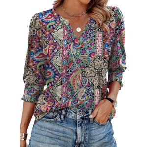 XIEERDUO Blouses for Women Dressy Casual 3/4 Length Sleeve Womens Tops V Neck T Shirts with Smocked Cuffs(I-blue Red Pattern)