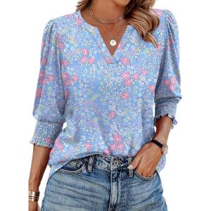 XIEERDUO Blouses for Women Dressy Casual 3/4 Length Sleeve Womens Tops V Neck T Shirts with Smocked Cuffs(K-blue Floral)