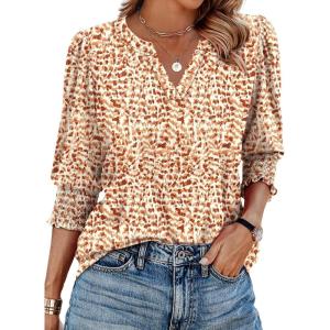 XIEERDUO Blouses for Women Dressy Casual 3/4 Length Sleeve Womens Tops V Neck T Shirts with Smocked Cuffs(L-pink Orange Print)