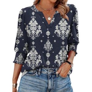 XIEERDUO Blouses for Women Dressy Casual 3/4 Length Sleeve Womens Tops V Neck T Shirts with Smocked Cuffs(M-navy Blue Pattern)