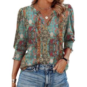 XIEERDUO Blouses for Women Dressy Casual 3/4 Length Sleeve Womens Tops V Neck T Shirts with Smocked Cuffs(O-blue Print)