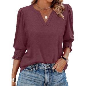 XIEERDUO Blouses for Women Dressy Casual 3/4 Length Sleeve Womens Tops V Neck T Shirts with Smocked Cuffs(P-burgundy)