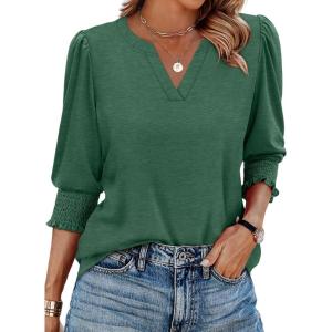 XIEERDUO Blouses for Women Dressy Casual 3/4 Length Sleeve Womens Tops V Neck T Shirts with Smocked Cuffs(Q-dark Green)