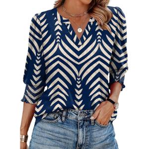XIEERDUO Blouses for Women Dressy Casual 3/4 Length Sleeve Womens Tops V Neck T Shirts with Smocked Cuffs(R-navy Blue Stripes)