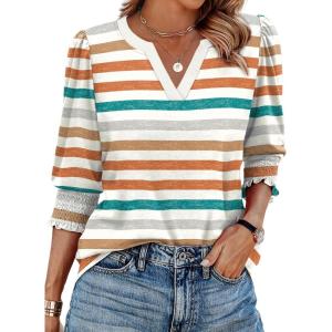 XIEERDUO Blouses for Women Dressy Casual 3/4 Length Sleeve Womens Tops V Neck T Shirts with Smocked Cuffs(S-orange Stripes)