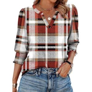 XIEERDUO Blouses for Women Dressy Casual 3/4 Length Sleeve Womens Tops V Neck T Shirts with Smocked Cuffs(T-red Plaid)
