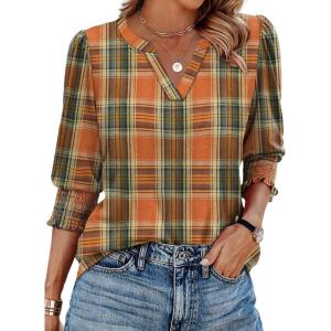 XIEERDUO Blouses for Women Dressy Casual 3/4 Length Sleeve Womens Tops V Neck T Shirts with Smocked Cuffs(U-orange Plaid)
