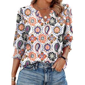 XIEERDUO Blouses for Women Dressy Casual 3/4 Length Sleeve Womens Tops V Neck T Shirts with Smocked Cuffs(V-colorful Print)