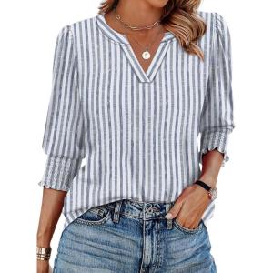 XIEERDUO Blouses for Women Dressy Casual 3/4 Length Sleeve Womens Tops V Neck T Shirts with Smocked Cuffs(W-blue Stripes)